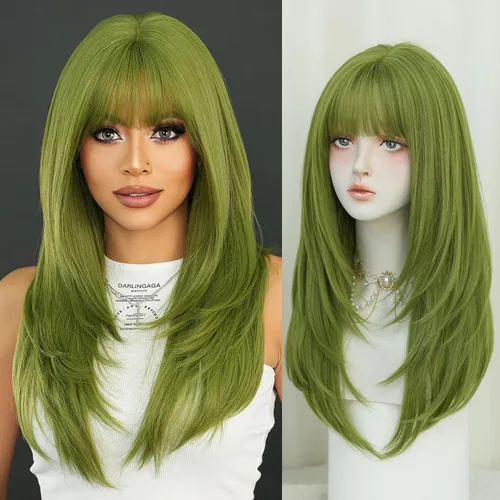 Miniatura 24 de 7JHH WIGS - Peluca de cabello sintético largo y liso con flequillo para mujer, aspecto natural (22 pulgadas, té negro)