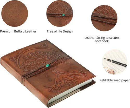 Miniatura 4 de Diario de cuero marrón de 7 x 5 pulgadas, rellenable, de papel, con forro, árbol de la vida, cuaderno de escritura hecho a mano, cuaderno de notas