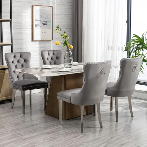 Miniatura 4 de ODUSE-DAILY - Juego de 4 sillas de comedor de terciopelo gris para cocina y comedor, con respaldo alto acolchado, tapizadas en tela, patas de metal