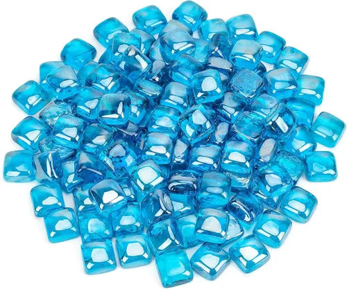 Miniatura 2 de Mr. Fireglass Cubos de vidrio para fuego de 1 pulgada para chimenea, hoguera y paisajismo, 10 libras de alto brillo azul caribeño