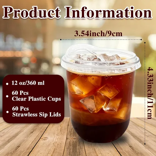 Miniatura 2 de Paquete de 60 vasos de plástico transparente con tapas para sorber sin pajilla, vasos desechables de PET cristal de 12 onzas para café helado