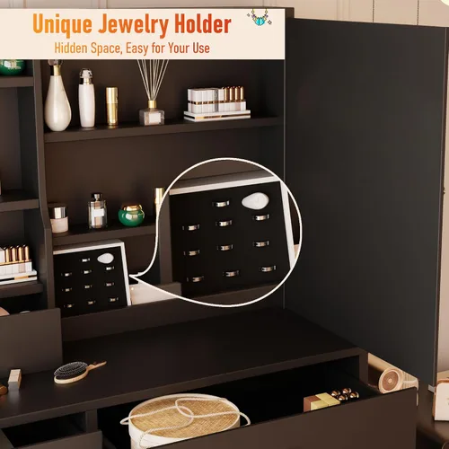 Miniatura 4 de DYHOME Escritorio de maquillaje con espejo de luces LED, 3 modos ajustables y tomas de corriente, mesa de tocador con 6 cajones y banco, escritorio