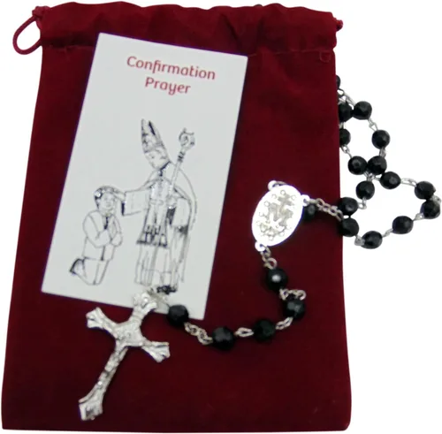 Miniatura 5 de Westmon Works Rosario de confirmación con cuentas facetadas negras y tarjeta de oración sagrada en una bolsa de terciopelo con cordón, Metal, No es