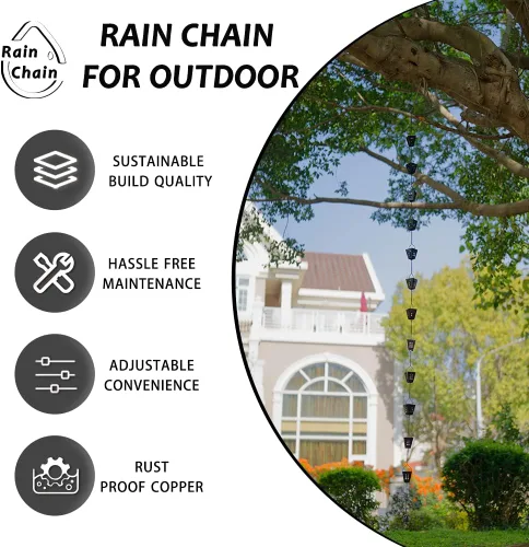 Miniatura 3 de Cadena de lluvia cuadrada, cadenas negras para canalones de 10 pies con 12 copas, cadena captadora de lluvia ajustable con campana para drenaje