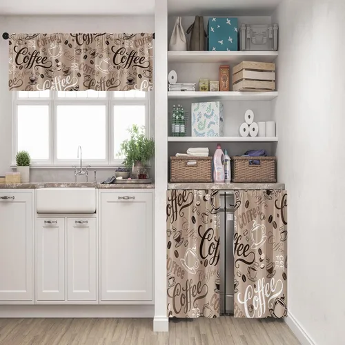 Miniatura 2 de Cortinas de Ventana de Cocina con Temática de Café, Juego de Cenefa y Niveles, Cortina Corta Marrón Estilo Granja con Bolsillo para Varilla