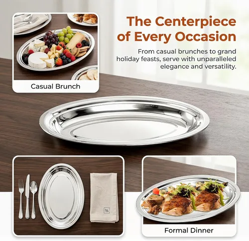Miniatura 4 de Paquete de 6 platos ovalados de acero inoxidable, pulido de espejo resistente, bandeja grande chisporroteante para servir pescado al vapor, postre