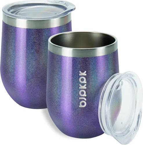 Miniatura 20 de BJPKPK 2 vasos de vino aislados de 12 onzas, tazas de café al vacío de doble pared de 12 onzas con tapa, vasos de vino de acero inoxidable A-verde