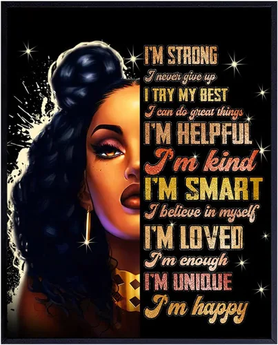 Empowered Black Women Afro American Wall Art - Citas motivacionales positivas inspiradoras - Decoración del hogar con afirmaciones positivas "I Am