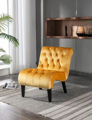 Miniatura 14 de Modern Velvet Armless Accent Living Room Chair,Upholstered Fabric Button Comfortable Leisure Chair with Wooden Legs for Bedroom,Office (Beige Velvet)