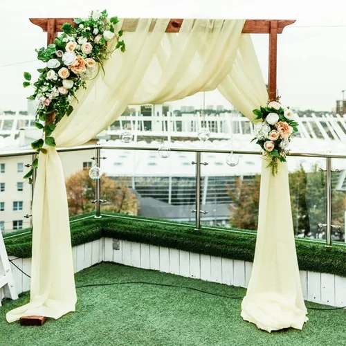 Miniatura 6 de Tela drapeada para arco de boda, cortinas de arco beige, cortina de telón de fondo transparente para ceremonia, foto, decoración de boda, 19 pies