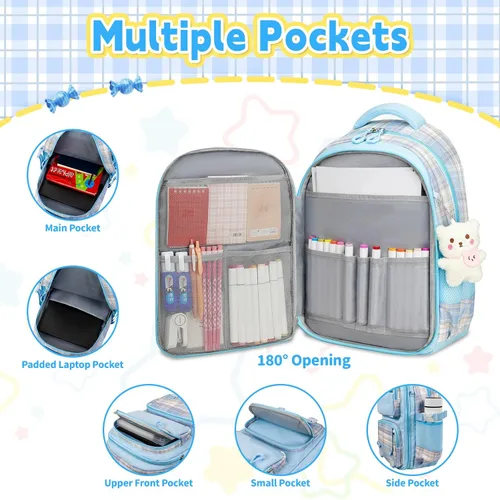 Miniatura 3 de Linda mochila para niñas, paquete de 5 mochila kawaii estética con juego de lonchera, bonita mochila escolar azul para niños y adolescentes primarias