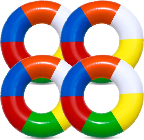 4 piezas de herramientas inflables de natación de 35 pulgadas, anillos de natación a rayas de arco iris, flotadores de playa, piscina, anillos de