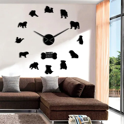 The Geeky Days English British Bulldog contemporáneo 3D DIY reloj de pared con lindo hueso Pet Shop espejos superficie (negro)