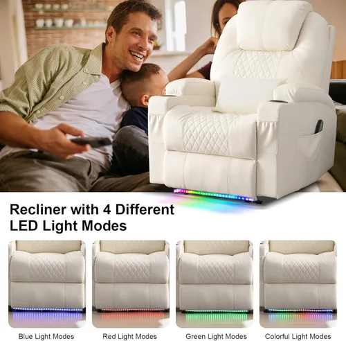 Miniatura 6 de AHMED Silla reclinable eléctrica con masaje por vibración y calor para adultos, asiento de cine en casa de piel sintética con portavasos, luces LED