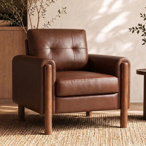 Miniatura 10 de STHOUYN 35" Black Leather Oversized Accent Chair with Wood Armrests, Mid-Century Modern Tufted Living Room Chair, Comfy Reading Sofa Chair with