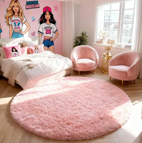Miniatura 4 de PAGISOFE Alfombras redondas rosas de 5 pies, alfombras circulares para dormitorio de niñas, alfombras esponjosas para habitación de niñas, alfombra