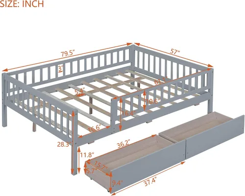 Miniatura 2 de Bellemave Armazón de cama tamaño completo con barandillas de valla y cajones de almacenamiento, camas infantiles de madera estilo Montessori con Gris