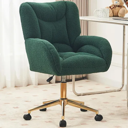 Miniatura 13 de Silla de escritorio de terciopelo suave cómoda con patas y ruedas de metal dorado, silla de oficina cómoda giratoria de 360 grados con altura Verde