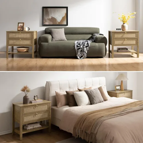 Miniatura 7 de Sicotas - Mesita de noche con cajones y estante de almacenamiento - Gran mesita de noche de ratán, decoración boho, mesita de cabecera estrecha