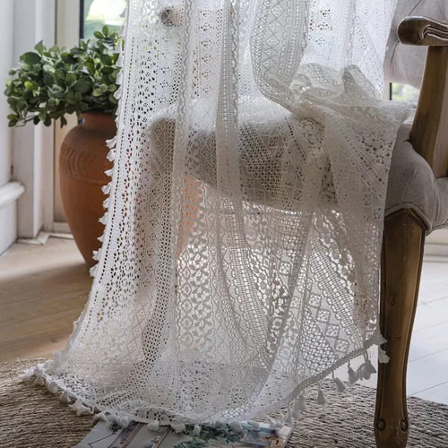 Miniatura 22 de Deeprove Cortinas bohemias para dormitorio, rayas huecas de ganchillo crema y estampado floral, tela de lino de algodón, con borlas beige bohemias