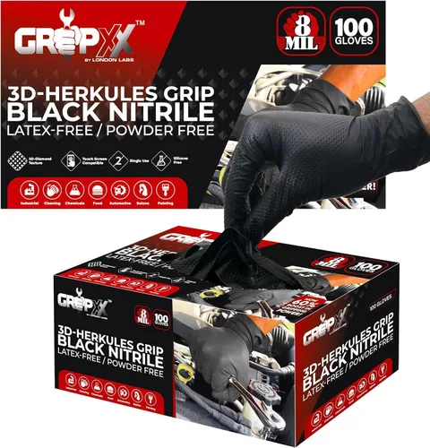 Miniatura 11 de GRIPXX Herkules Grip Guantes de nitrilo resistentes de 8 mil, negros, con textura de diamante 3D elevada - Industriales, sin látex y sin polvo