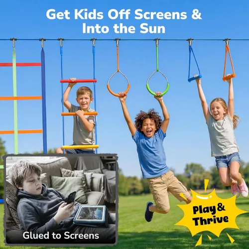 Miniatura 3 de Hapfan - Juego de columpios de curso de obstáculos Ninja Warrior de 50 pies para niños con accesorios resistentes al clima, juego de exterior