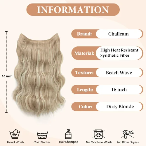 Miniatura 2 de Extensiones de cabello de alambre transparente invisible con 3 clips seguros, diadema ajustable, tamaño ondulado, rizado, largo, sintético