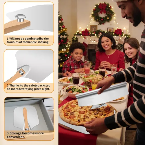 Miniatura 4 de MOVNO - Espátula de aluminio para pizza, pala de pizza de metal de 12 pulgadas (12 x 14 pulgadas) con cortador basculante, mango de madera plegable