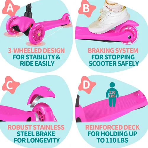 Miniatura 7 de BELEEV Patinete A1 para niños de 2 a 6 años, patinete de 3 ruedas para niños pequeños, niñas y niños, ruedas que se iluminan, altura ajustable, Rosa