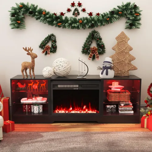 Miniatura 6 de COCO DESIGN Fireplace TV Stand up to 75" TVs, 23" Electric Fireplace TV Console, LED Lights Wood and Glass Entertainment Center & Remote Control