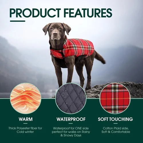 Miniatura 3 de Kuoser - Abrigo impermeable de invierno para perro, chaqueta reversible estilo británico, ropa para perro a cuadros, abrigo acogedor para perros