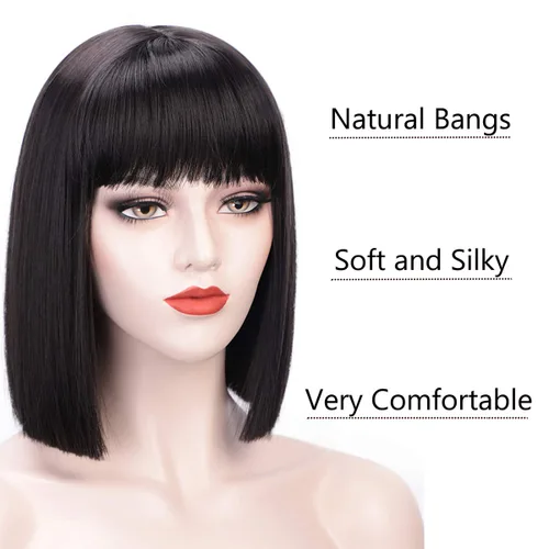 Miniatura 4 de Pelucas estilo melena corta para las mujeres, corto recto, linda peluca natural, resistente al calor, sintética, pelucas para fiesta, uso diario