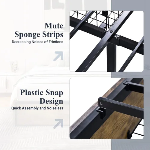 Miniatura 6 de Allewie Cama de almacenamiento industrial con cajones, plataforma de metal de madera, resistente y sin ruido, tamaño matrimonial moderno