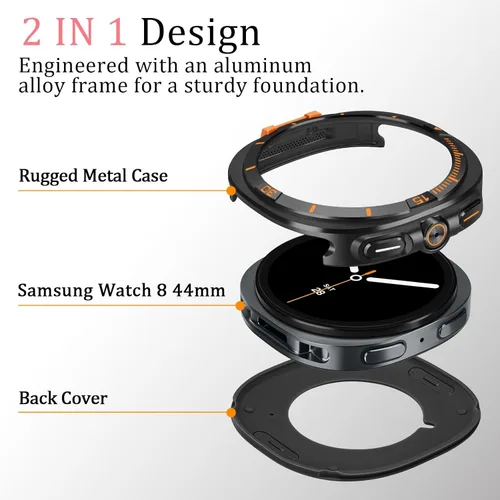 Miniatura 3 de Amizee Funda de metal compatible con Samsung Galaxy Watch 8 de 1.732 pulgadas con cubierta trasera, funda protectora resistente para Galaxy Watch 8