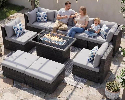 NICESOUL Juego de conversación de patio al aire libre con respaldo alto de 29.3 pulgadas con fogata convertible, sofás modulares de mimbre de tamaño