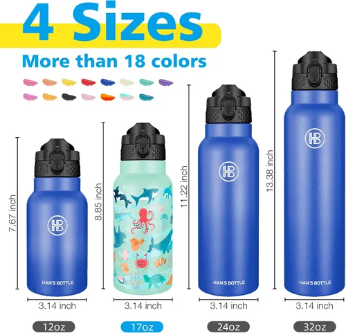 Miniatura 2 de Han's Bottle Botella de agua para niños con tapa con pajilla - Vaso reutilizable de acero inoxidable aislado para niñas, niños, taza térmica, 17 Pez