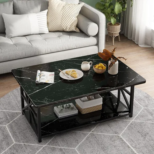 Miniatura 10 de AWQM Mesa de Centro de Mármol Sintético para Sala de Estar con Esquinas Redondas, Mesa de Sala de Estar de 2 Niveles con Estante de Almacenamiento