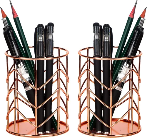 Miniatura 6 de Soporte para lápices de malla metálica de alambre de oro rosa, soporte para brochas de maquillaje, organizador de bolígrafos, accesorios