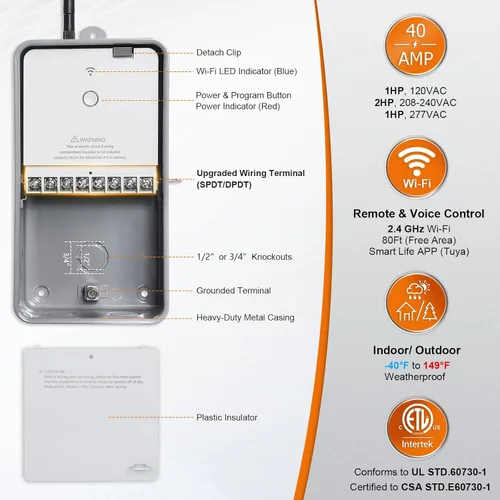 Miniatura 2 de Suraielec Temporizador de piscina, temporizador inteligente WiFi para bomba de piscina, 120, 240, 277 VAC, 40 amperios, carcasa de metal resistente