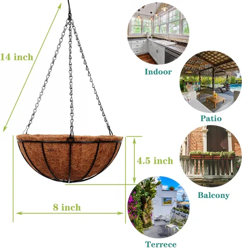 Miniatura 4 de Cestas colgantes para plantas al aire libre (paquete de 4 unidades de 8 pulgadas), macetas colgantes de coco para exteriores, cestas de alambre