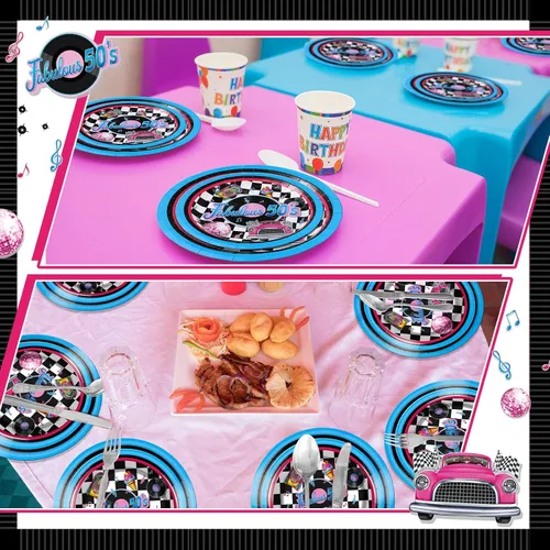 Miniatura 4 de Yungyan 50 platos temáticos de los años 50 de 9 y 7 pulgadas, platos de postre desechables de los años 50, vajilla de papel de calcetín hop, vajilla