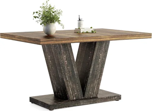 Miniatura 9 de LITTLE TREE Mesa de comedor de 47 pulgadas para 4, mesas de comedor modernas, mesa de cocina rectangular blanca con pedestal en forma de V marrón