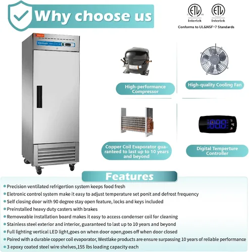 Miniatura 4 de WESTLAKE Refrigerador comercial de 27 pulgadas de ancho, alcance de acero inoxidable, ventilador vertical sólido de una sola puerta, enfriador de 23