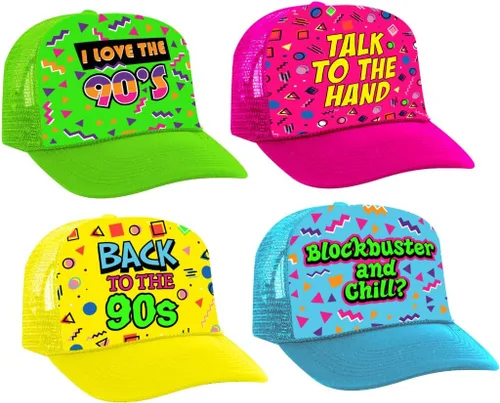 Sterling James Co. Throwback - Sombreros de fiesta de los años 90 (paquete de 4) – Divertidos sombreros de camionero con temática de los años 90 –