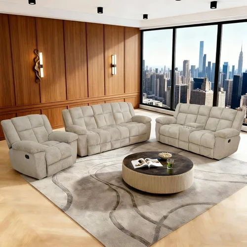 Juego de sofá reclinable seccional con almacenamiento, juegos de muebles de pana para sala de estar, juego de sofá reclinable con portavasos, Beige