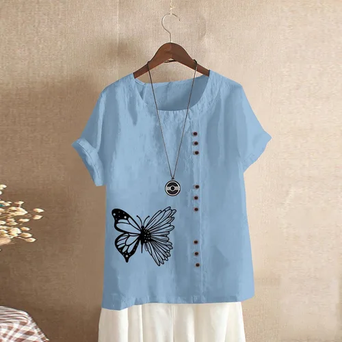 Miniatura 2 de Camisa hawaiana botones Mujer Blusa Estampado mariposas Camisetas Tops Cuello Redondo Manga Corta Túnica Camiseta Lino