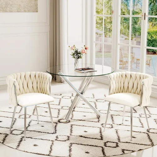 Miniatura 27 de Juego de mesa redonda dorada para 4, juego de mesa de comedor de 39'' con tapa de vidrio transparente, juego de mesa de cocina circular moderna de 5