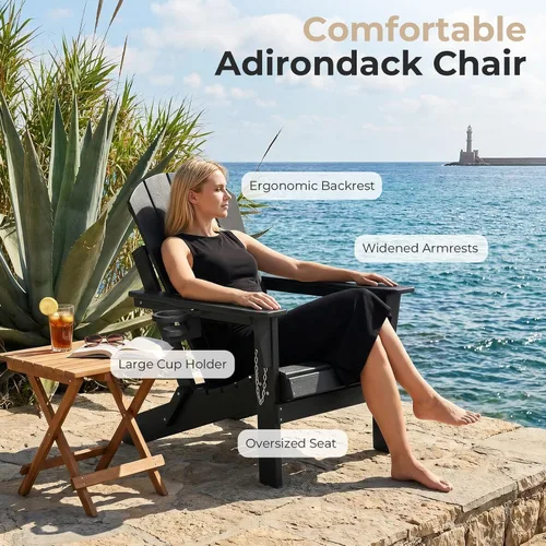 Miniatura 5 de Silla Adirondack plegable de HDPE, silla de patio al aire libre con soporte para tazas, silla de césped de grano de madera resistente a