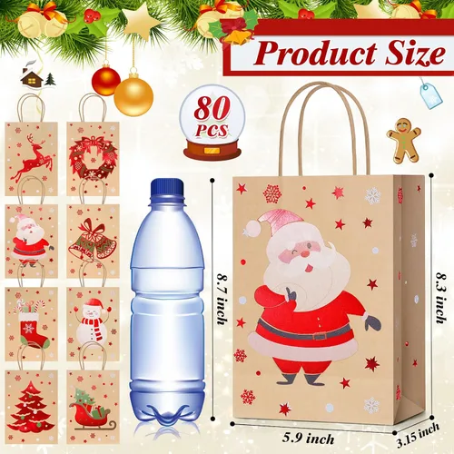 Miniatura 5 de Yeaqee 80 piezas - bolsas de regalo de Navidad - tamaño pequeño - Merry Christmas Xmas - bolsas de regalo de Navidad con asas - bolsas de papel