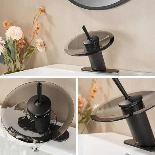 Miniatura 4 de Grifo de lavabo de baño en cascada de latón macizo, moderno círculo de cristal para lavabo, lavabo de un solo agujero, grifos de fregadero de Negro